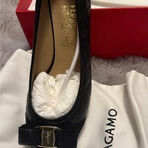 Salvatore Ferragamo Black Quilted Leather Vara Bow Flat with Gold Hardware